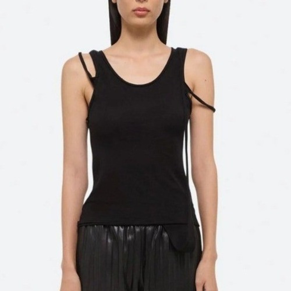 Helmut Lang Pima Cotton Thin-Strap Raw Edge Tank Top Black Small